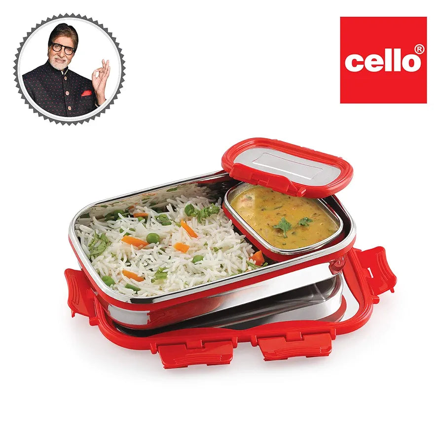 CELLO Click it Steel Insulated Lunch Box, Big, 1024ml, Red | 2 Container Tiffin for Adults | Snacks Tiffin for Kids with Veg Box | Leak-Proof & Unbreakable Lid | Ideal for Office, School, College